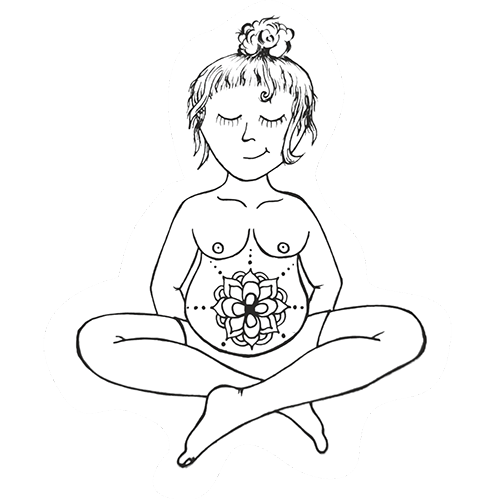 Logo Hebamme Mirjam Zettelmeier: Zeichnung einer zufriedenen Frau mit Babybauch im Schneidersitz.